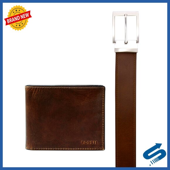Genuine Leather Bifold Wallet with ID Window and Cut-to-Fit Belt